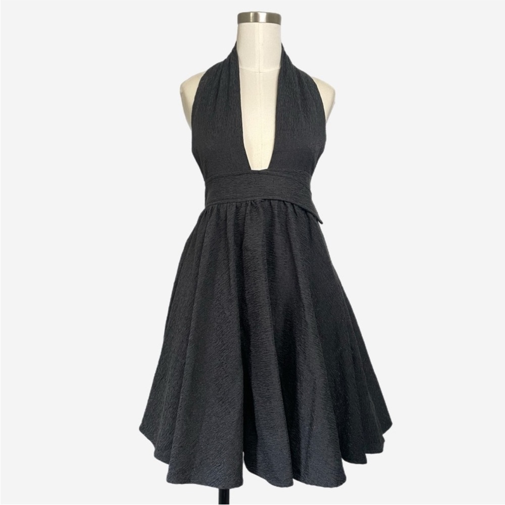 Sau Lee Stephanie black halter mini dress textured retro open back plunge XS/S